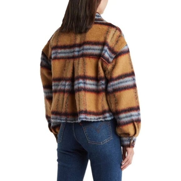 Vigoss M Brushed Plaid Crop Jacket Faux Fur Aztec Western Shacket Chest Pocket - Picture 3 of 16